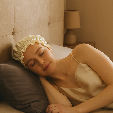 Vrouw die met room wit zijden bonnet slaapt