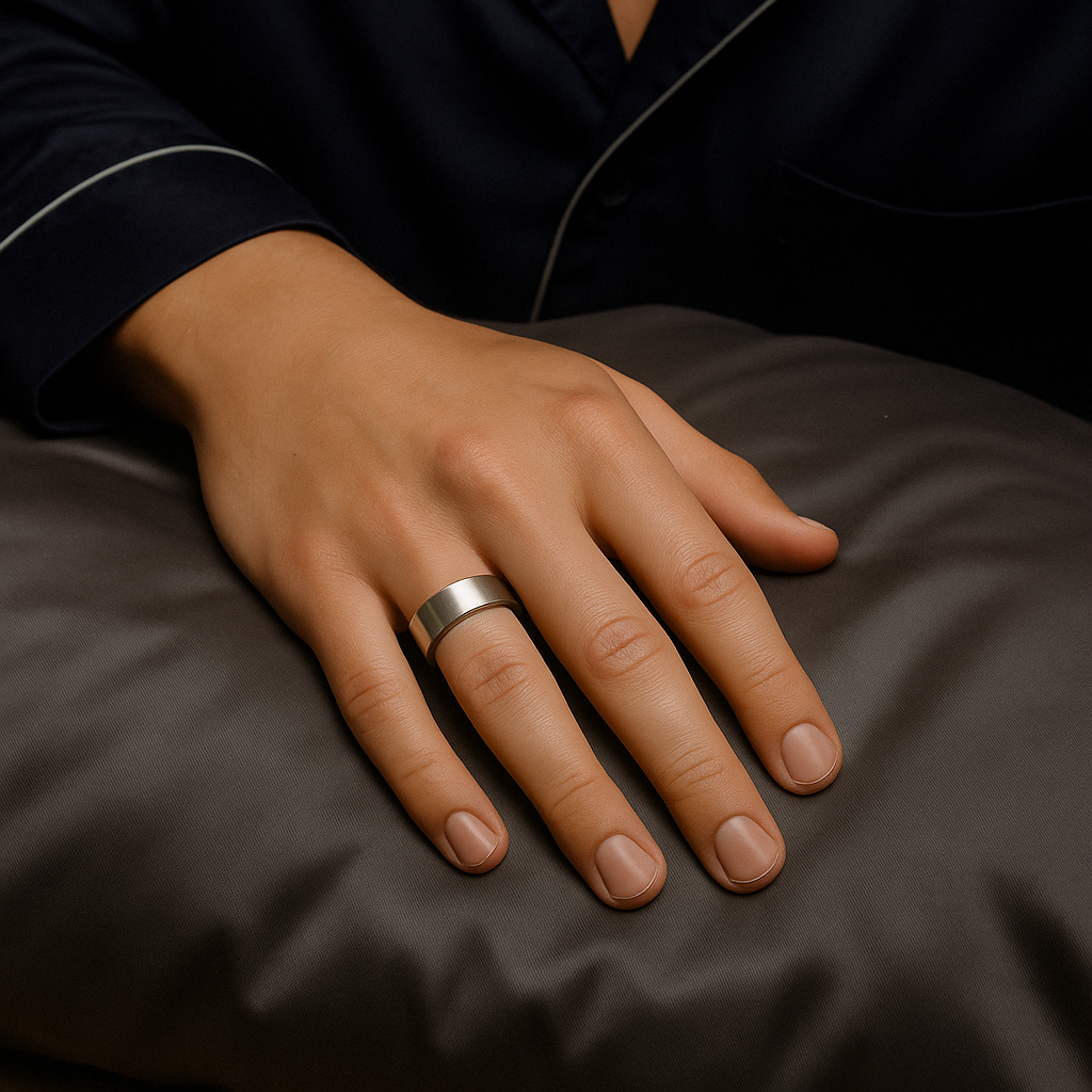 De smart ring in het zilver op de hand van een vrouw