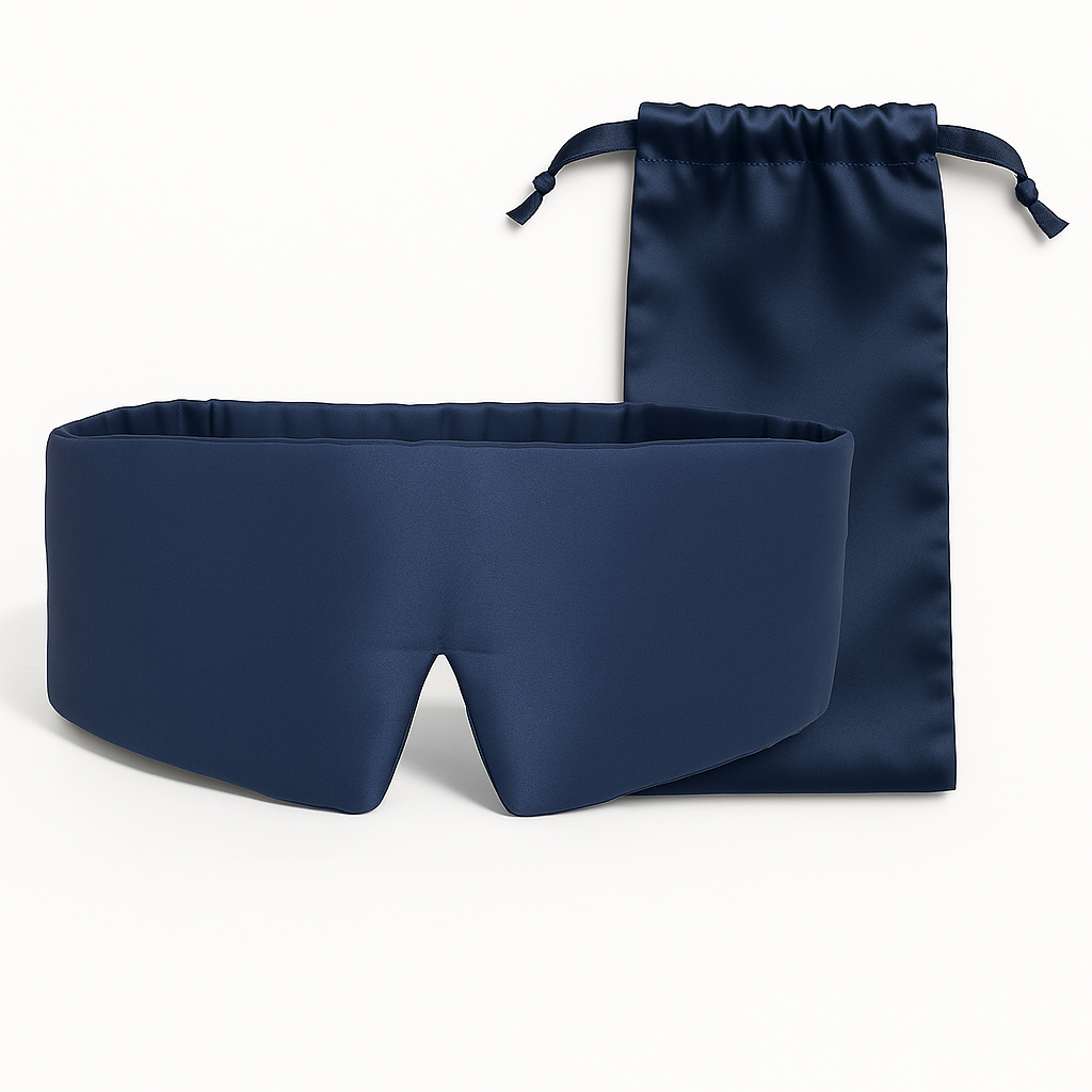 Blauw zijden slaapmasker met opbergzakje