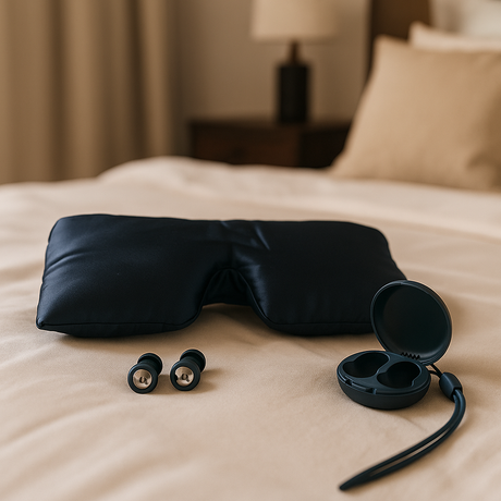 Zijden slaapmasker en oordopjes op een bed
