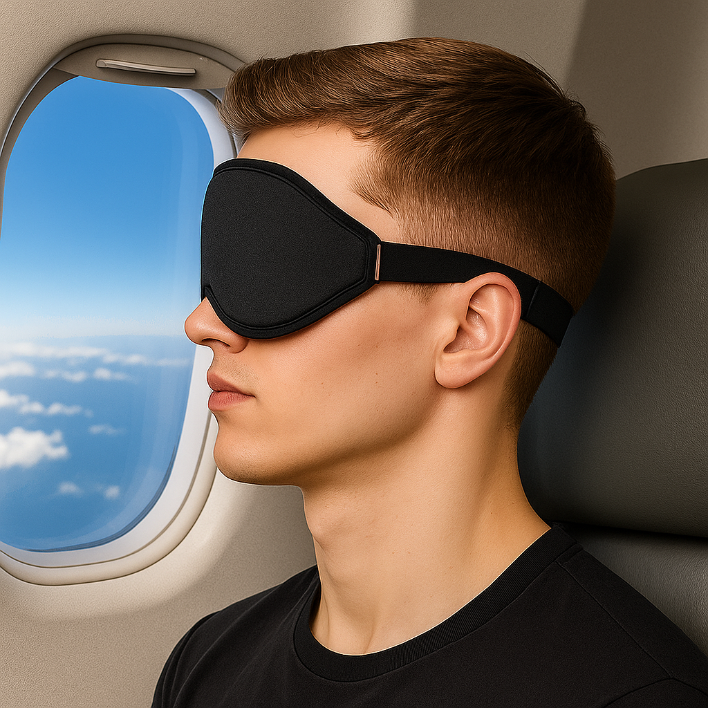 Man in het vliegtuig met het slaapmasker