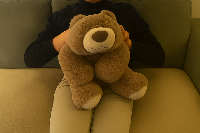 Klant met verzwaringsknuffel op bank