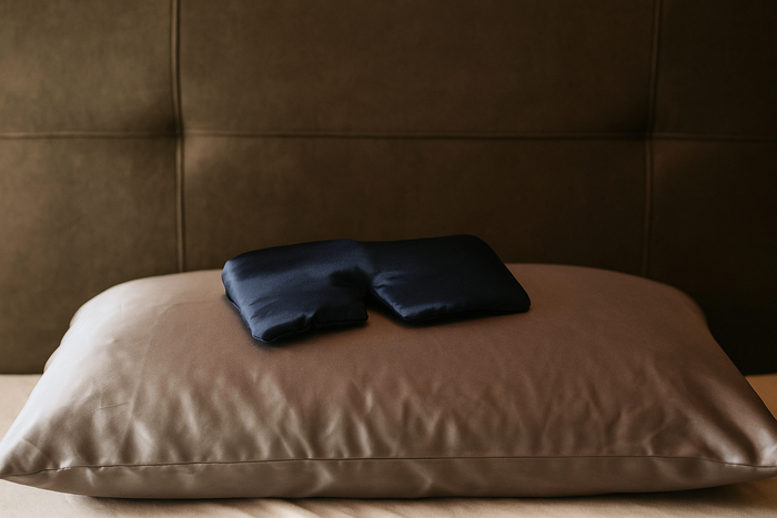 Zijden kussensloop en slaapmasker in bed