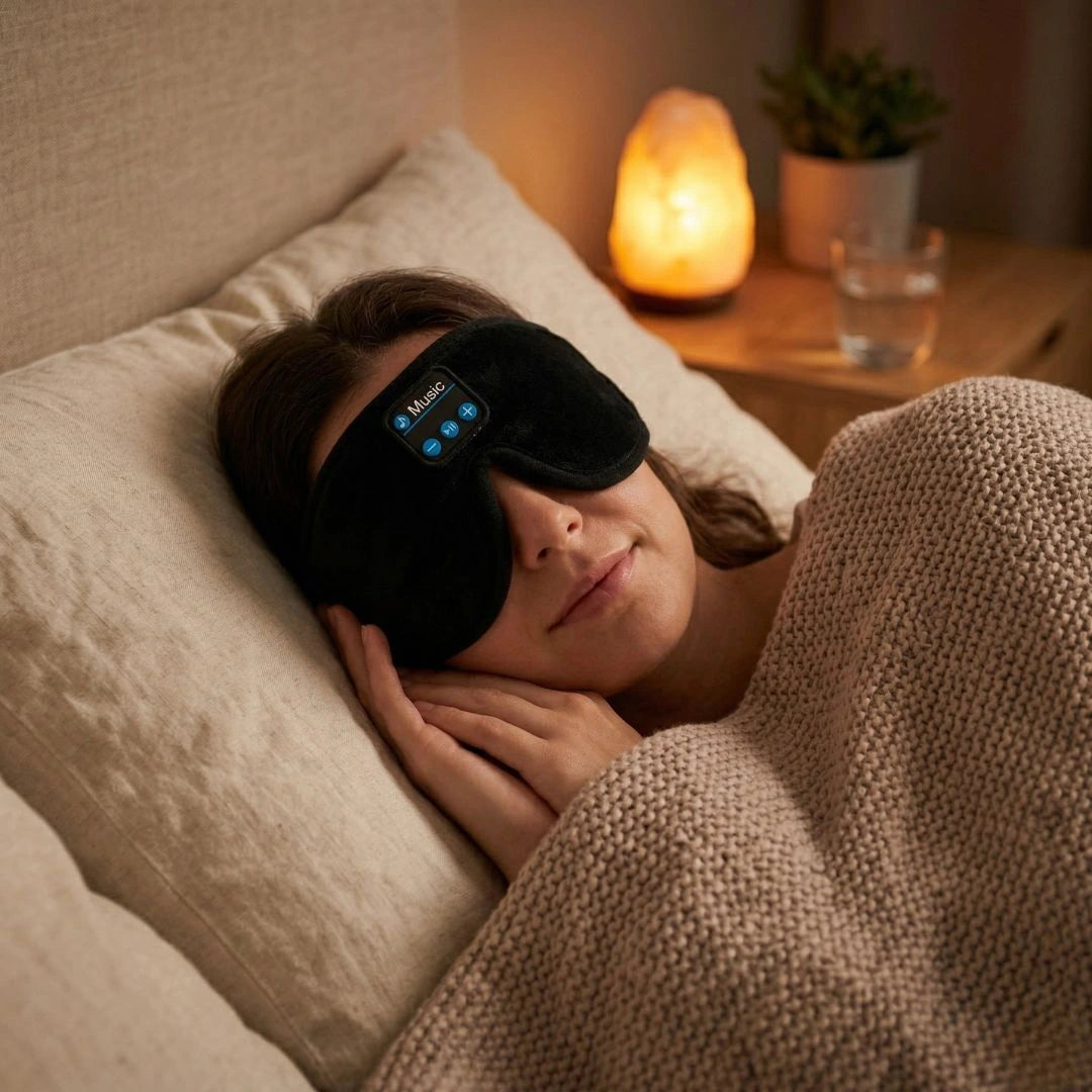 Vrouw met Bluetooth slaapmasker op