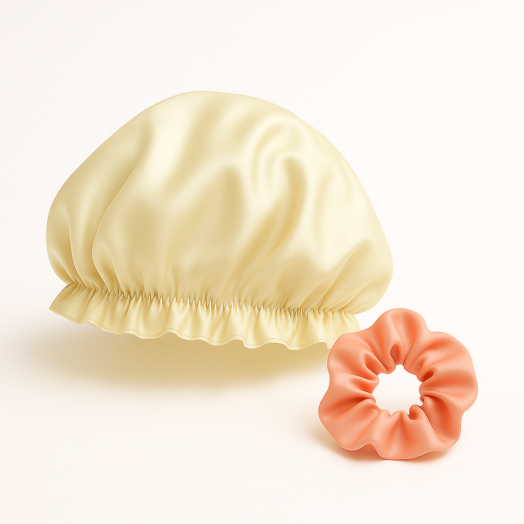 Bonnet samen met roze scrunchie, productfoto