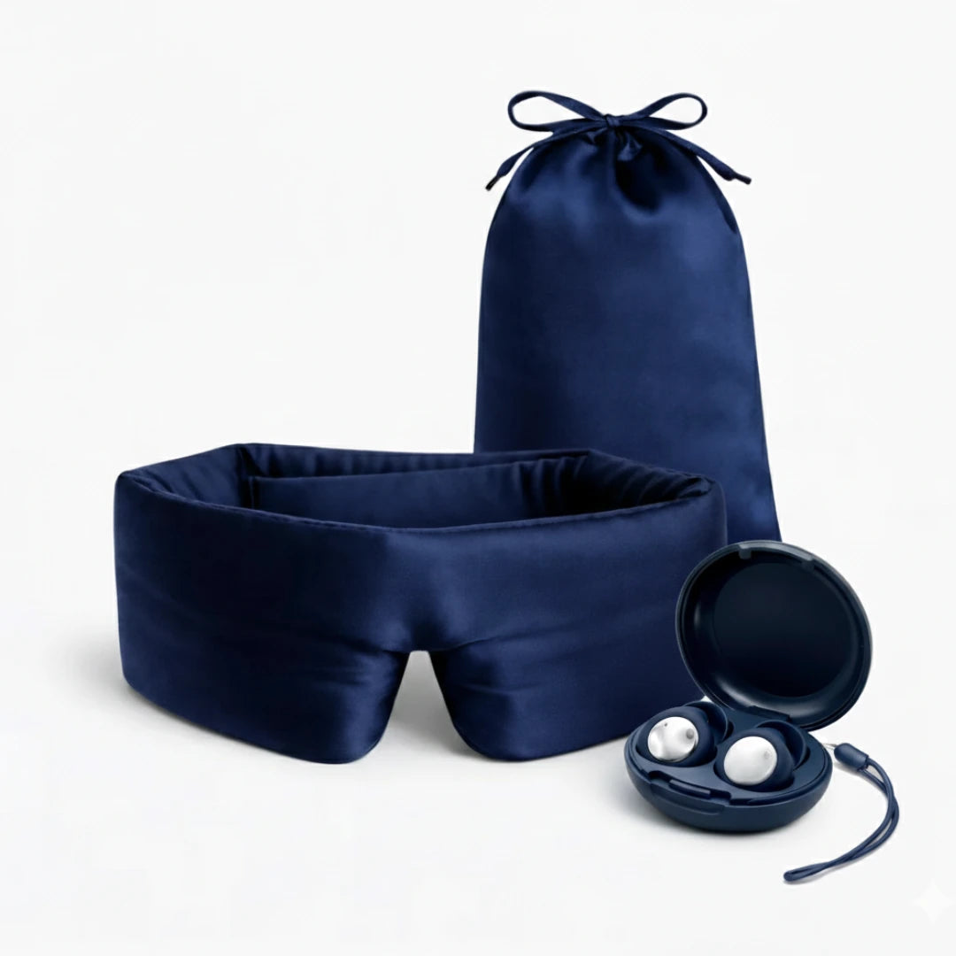 Productfoto oordopjes slapen blauw met zijden slaapmasker