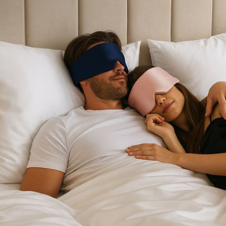 Man en vrouw met zijden slaapmasker in bed met zijden kussensloop