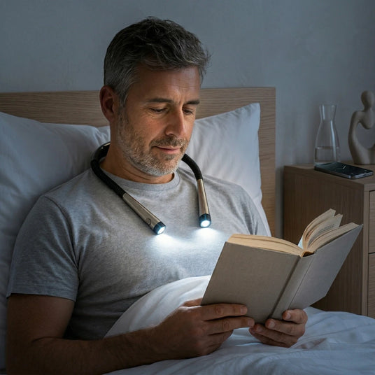 Man in bed met neklamp dat boek leest