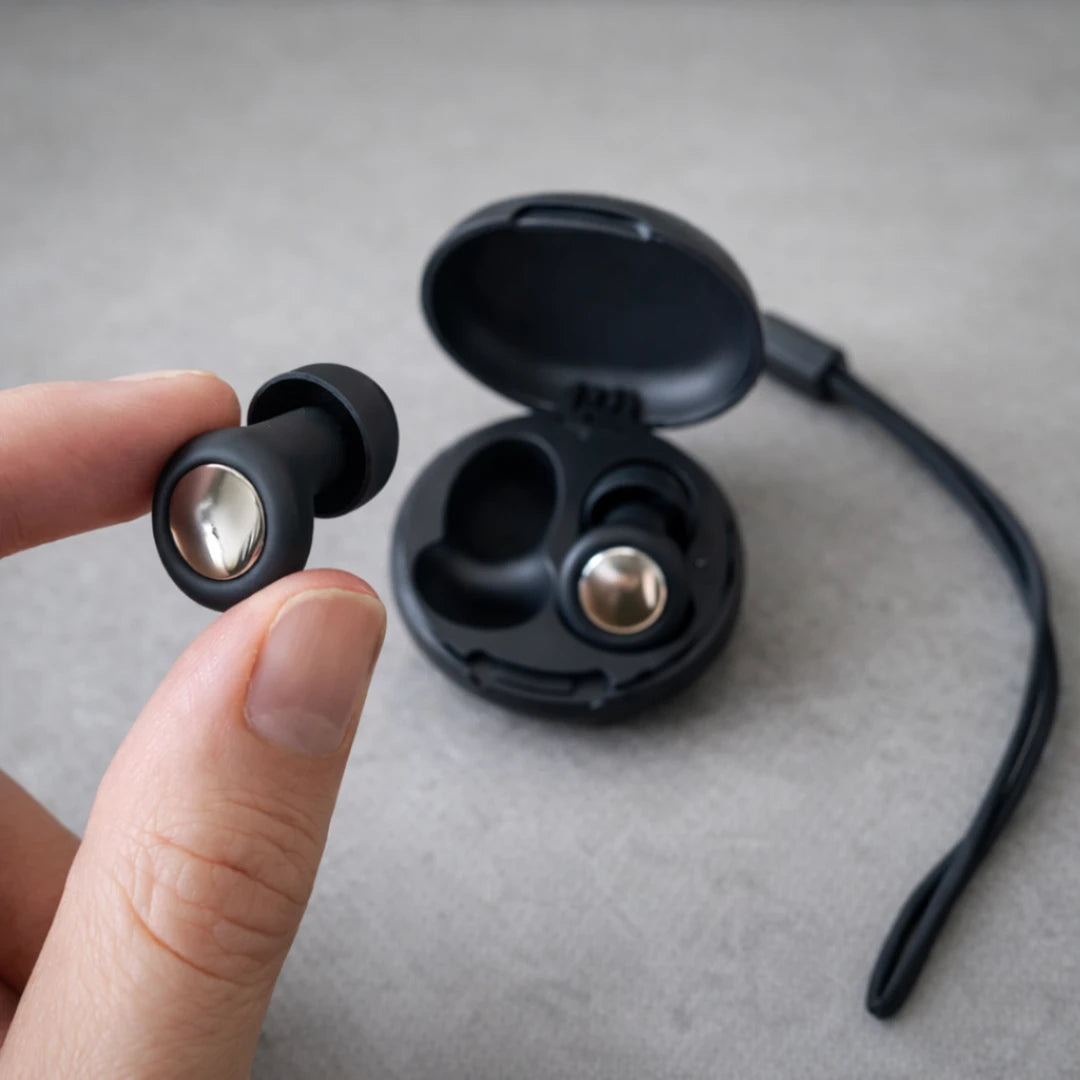 Oordopjes blauw vastgehouden in hand