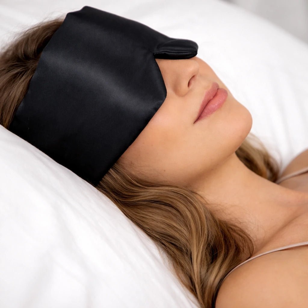 Sfeerfoto slapende vrouw met zwarte zijden slaapmasker in bed