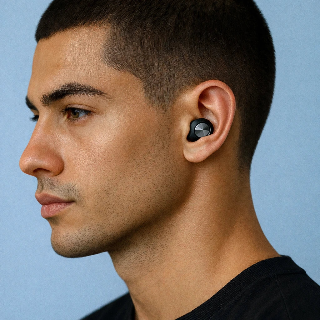 Sfeer foto oordoppen slapen zwart met blauwe achtergrond