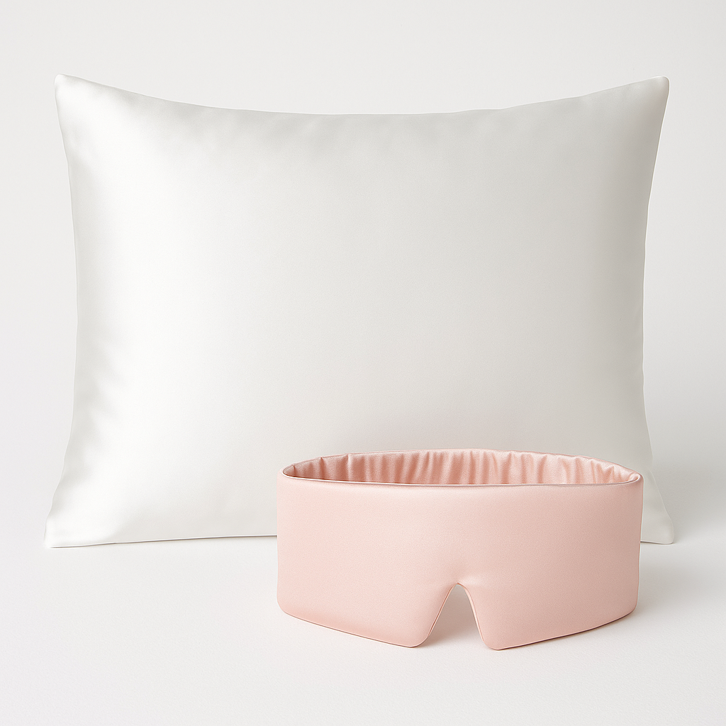 Zijden kussensloop in het wit en zijden slaapmasker in het roze