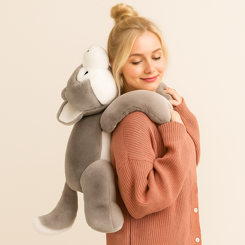 Verzwaringsknuffel van 2 kg in de vorm van een hond op de schouders van een jonge vrouw