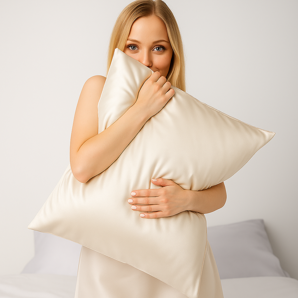 Vrouw met een kussen met zijden kussensloop in haar armen