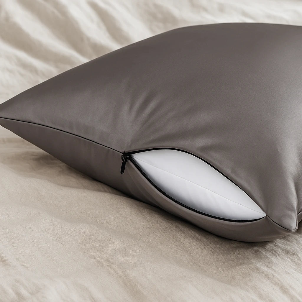 Grijs zijden kussensloop met ritssluiting op een bed