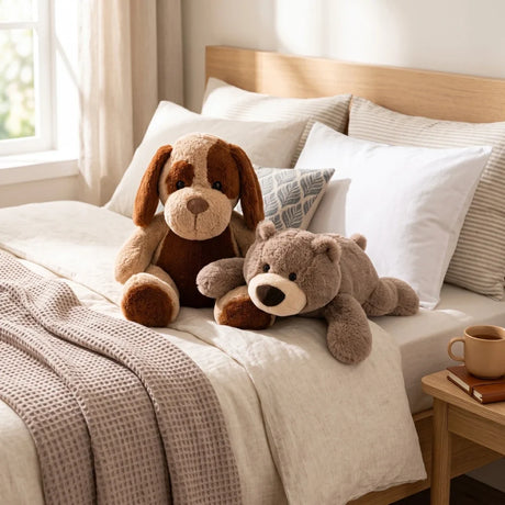 Verzwaringsknuffel hond en beer samen op bed