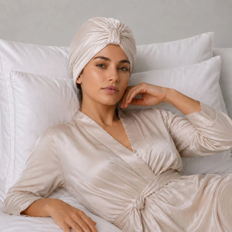 Zijden bonnet van Snoozzle op hoofd vrouw in bed