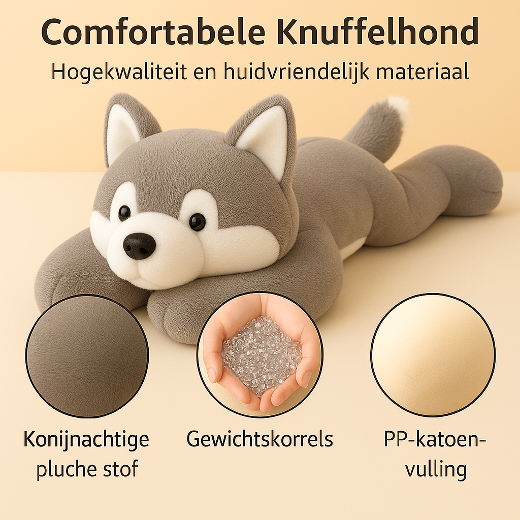 Verzwaringsknuffel van 2 kg in de vorm van een hond, met materiaal types erin verwerkt