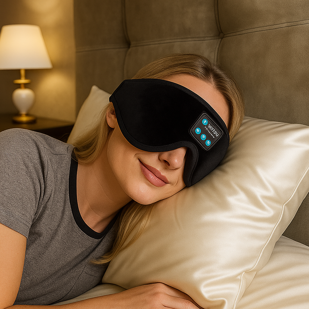 Vrouw die aan het slapen is met een zijden slaapmasker