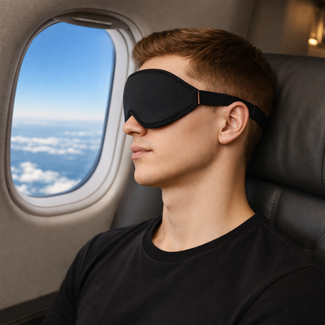 Man met 3D slaapmasker op