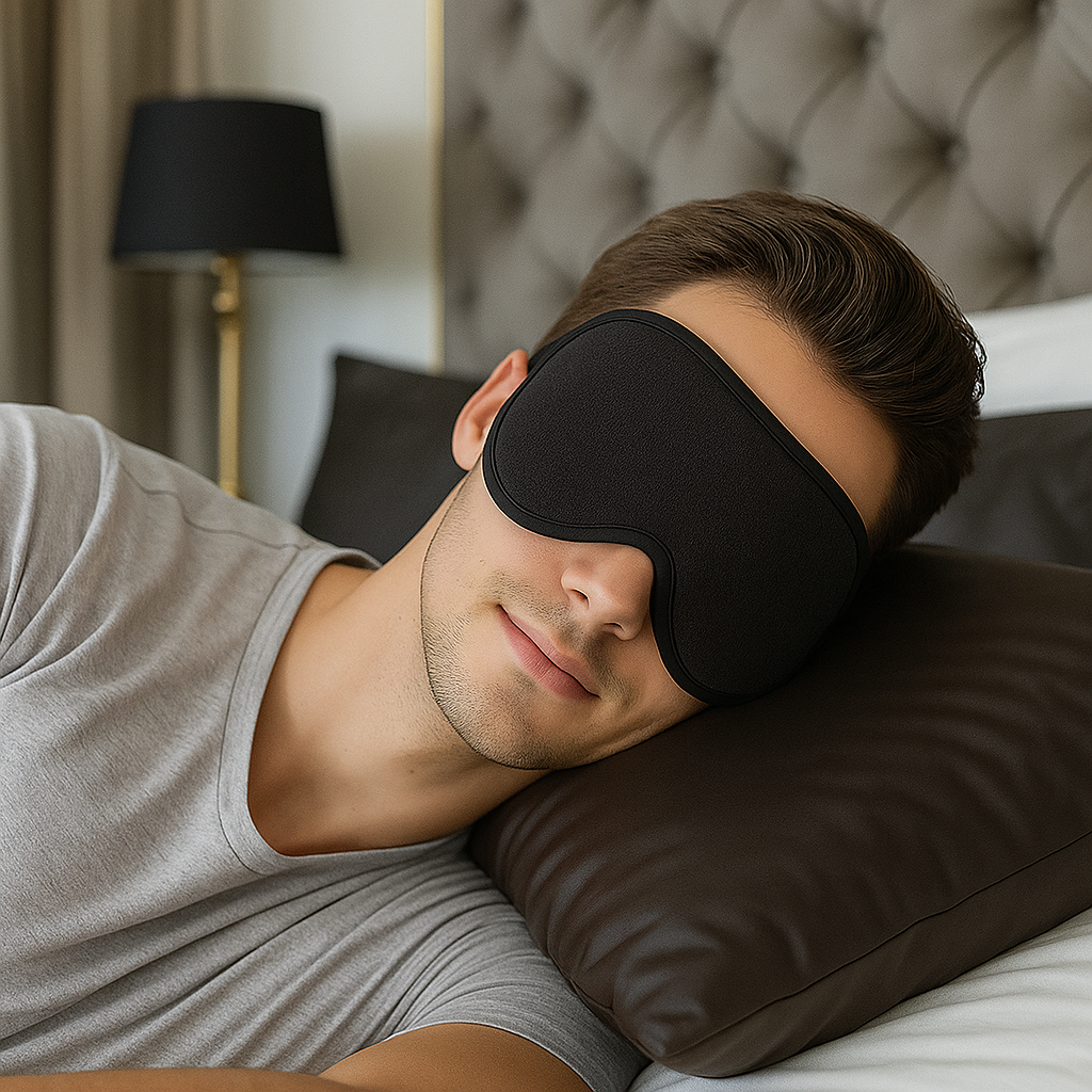 Man die slaapt met het slaapmasker op een zijden kussensloop