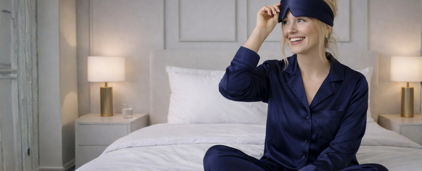 Header afbeelding vrouw met blauw slaapmasker zittend op bed. 
