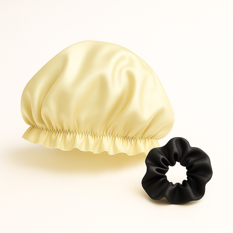 Bonnet samen met zwarte scrunchie, productfoto