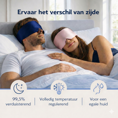 Voordelen benoemd zijden slaapmasker bij sfeerfoto man en vrouw liggend in bed met zijden slaapmaskers