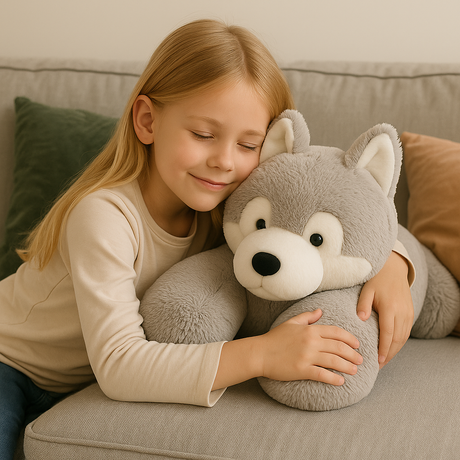 Kind aan het knuffelen met verzwaringsknuffel