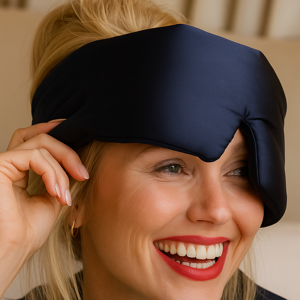 Lachende vrouw met blauwe zijden slaapmasker