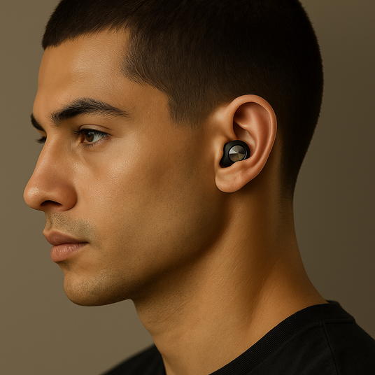 Man met oordoppen slapen in zijn oor