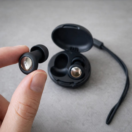 Oordopjes blauw vastgehouden in hand