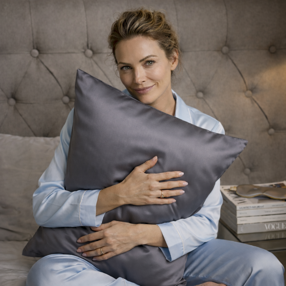 Sfeerfoto vrouw houdt zijden kussensloop grijs vast