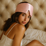 Sfeerfoto vrouw met roze zijden slaapmasker in bed