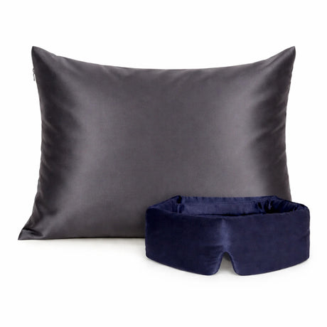 Bundel foto zijden slaapmasker blauw met zijden kussensloop grijs