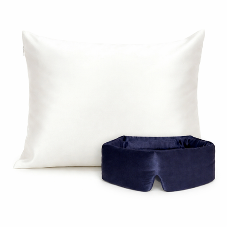Zijden kussensloop wit en zijden slaapmasker blauw van Snoozzle