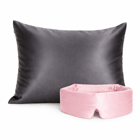 Zijden kussensloop grijs en zijden slaapmasker roze van Snoozzle