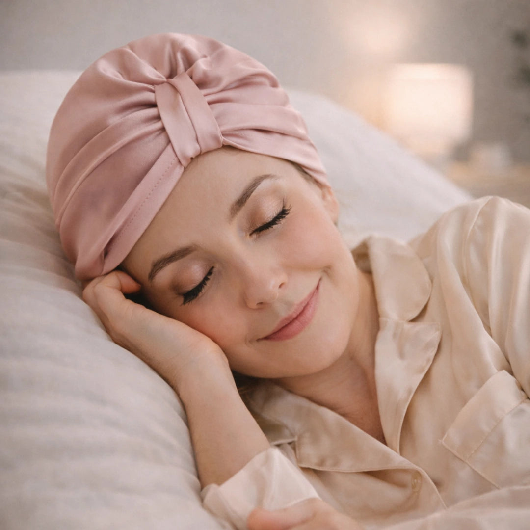 Sfeerfoto van vrouw met roze bonnet op haar hoofd