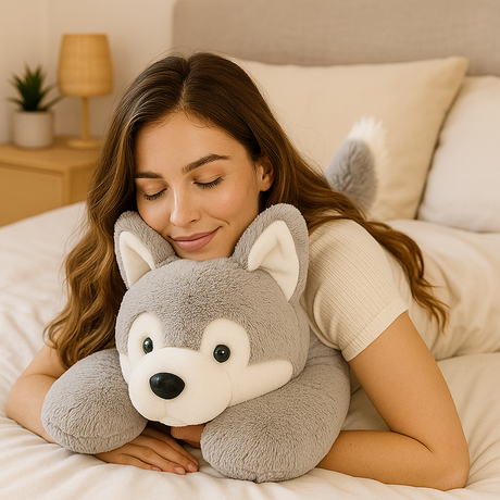 Vrouw met verzwaringsknuffel op bed