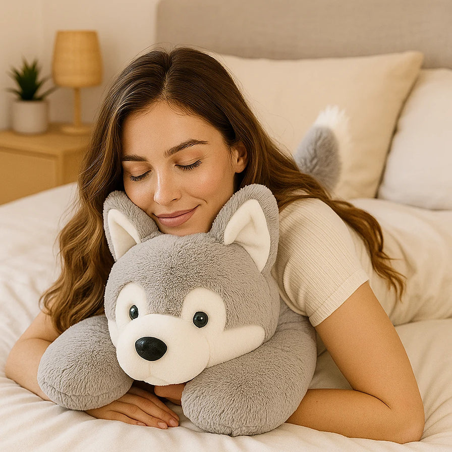 Vrouw met verzwaringsknuffel op bed