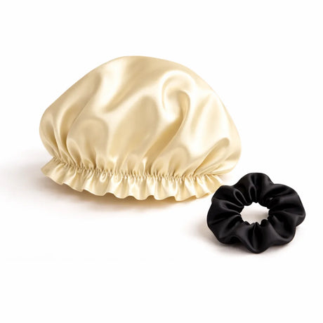 Beige zijden bonnet met zijden scrunchie zwart