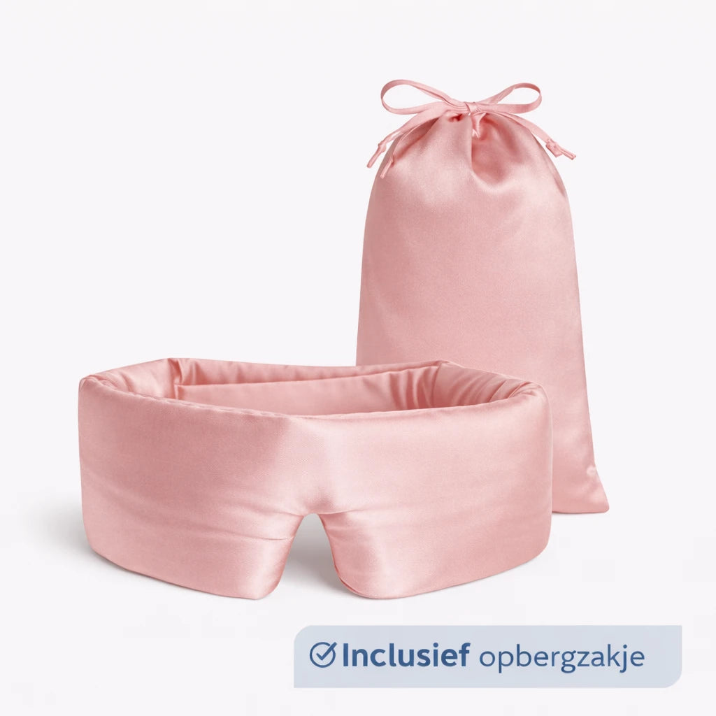 Zijden slaapmasker roze met zakje op witte achtergrond