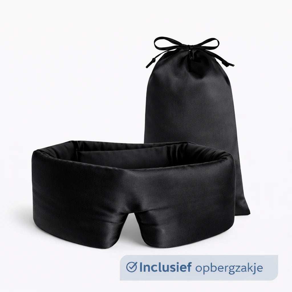 Zijden slaapmasker zwart met zakje op witte achtergrond